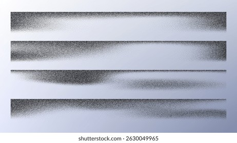 Dotwork pattern border lines. Black noise stipple dots frame sign. Sand grain effect. Black dots grunge banner, poster. 3d symbol from different angles. Grainy gradient noise dotwork pattern.