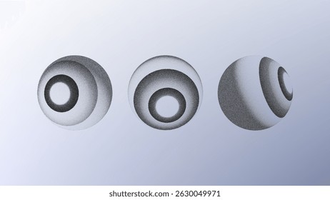 Dotwork pattern eye symbol. Black noise stipple dots eyeball sign. Sand grain effect. Black dots grunge banner, poster. 3d symbol from different angles. Grainy gradient noise dotwork pattern.