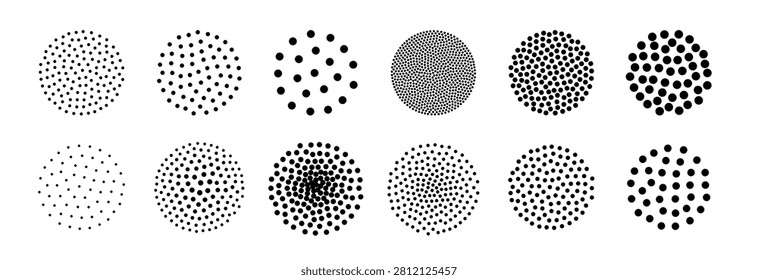 Dotwork Pattern Illustration Collection: Random, rough clusters of dots resembling grunge halftones; particle noise brush textures