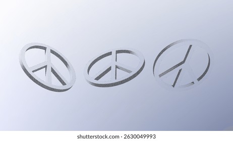 Dotwork pattern peace symbol. Black noise stipple dots pigeon's foot sign. Sand grain effect. Black dots grunge banner, poster. 3d symbol from different angles. Grainy gradient noise dotwork pattern.