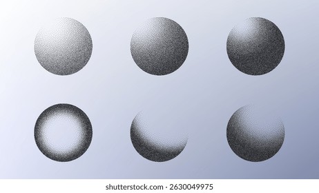 Dotwork pattern sphere symbol. Black noise stipple dots circle light sign. Sand grain effect. Black dots grunge banner, poster. 3d symbol from different angles. Grainy gradient noise dotwork pattern.