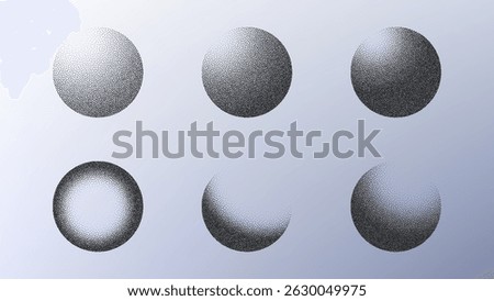 Dotwork pattern sphere symbol. Black noise stipple dots circle light sign. Sand grain effect. Black dots grunge banner, poster. 3d symbol from different angles. Grainy gradient noise dotwork pattern.