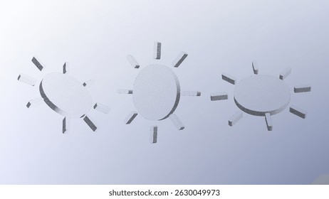 Dotwork pattern sun symbol. Black noise stipple dots daytime sign. Sand grain effect. Black dots grunge banner, poster. 3d symbol from different angles. Grainy gradient noise dotwork pattern.