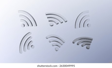 Dotwork pattern Wi-Fi symbol. Black noise stipple dots Wi-Fi sign. Sand grain effect. Black dots grunge banner, poster. 3d symbol from different angles. Grainy gradient noise dotwork pattern.