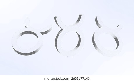 Dotwork pattern zodiac symbol. Black noise stipple dots taurus sign. Sand grain effect. Black dots grunge. 3d symbol from different angles. Grainy gradient noise dotwork pattern.
