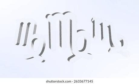 Dotwork pattern zodiac symbol. Black noise stipple dots virgo sign. Sand grain effect. Black dots grunge. 3d symbol from different angles. Grainy gradient noise dotwork pattern.
