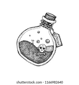 Dotwork Poison Bottle. Vector Illustration of T-shirt Design. Tattoo Hand Drawn Sketch.