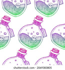 Dotwork Poison Seamless Pattern. Vector Illustration of Handdrawn Bottle.
