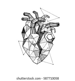 Dotwork Polygonal Broken Heart. Vector Illustration of Hipster Style T-shirt Design. Love Tattoo Hand Drawn Sketch.