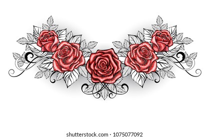 Dotwork red roses tattoo on white background.