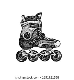 Dotwork Roller Skates. Vector Illustration of T-shirt Design. Tattoo Hand Drawn Sketch.