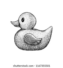 Dotwork Rubber Duck. Vector Illustration of T-shirt Design. Tattoo Hand Drawn Sketch.