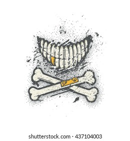 Dotwork skull smile with crossed broken bones and golden tooth. Vector art. Grunge graphic style with dust, dirt, splatters and splashes.