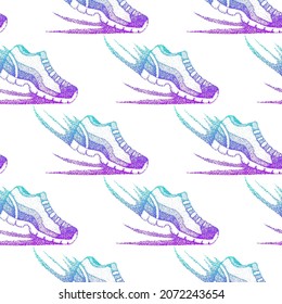 Dotwork Sneakers Seamless Pattern. Vector Illustration of Hiking Handdrawn.