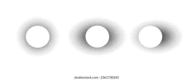 Dotwork solar, moon eclipse. Shape noise texture dotwork grain on white background. Pointillism gradient pattern. Stochastic grange texture. Dotwork stipple halftone effect. Dotted vector element set