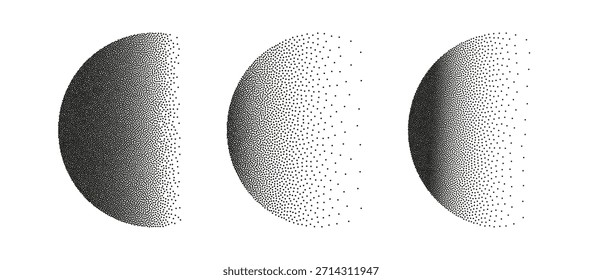 Esferas de trabajo de puntos con efecto de grano de arena. Los círculos de Vector suprimen el ruido. Círculos de interferencia Abstractas. Elementos de forma redonda, circulares con transición radial. Puntos Grunge aplicados a la superficie