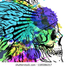 Dotwork style skull with indian feather hat. Grunge vector art.