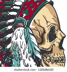 Dotwork style skull with indian feather hat. Grunge vector art.