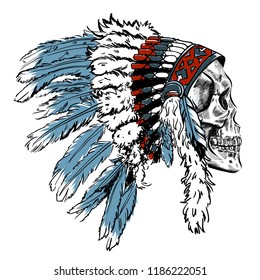 Dotwork style skull with indian feather hat. Grunge vector art.