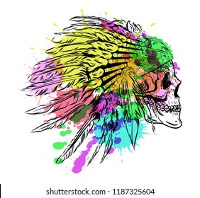 Dotwork style skull with indian feather hat. Grunge vector art.