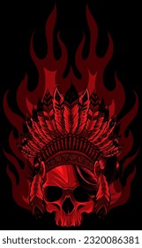 Dotwork style skull with indian feather hat on black background