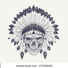 Dotwork Style Skull With Indian Feather Hat. Grunge Vector Art.