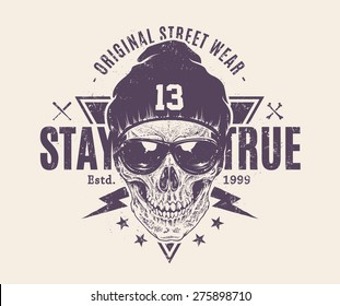 Dotwork style skull with sunglasses and hat. Grunge print template. Vector art.