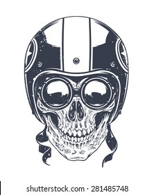 Dotwork styled rider skull with retro glasses and helmet. Vector art. 