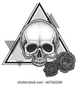 Dotwork styled skull with geometric elements and peonies . Hand drawn illustration. T-shirt design.