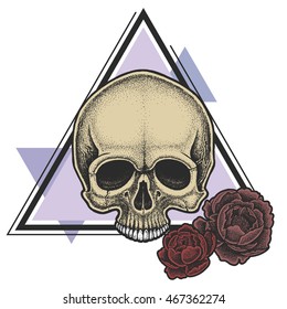 Dotwork styled skull with geometric elements and peonies . Hand drawn illustration. T-shirt design.