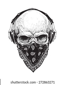 Dotwork styled skull with headphones and bandana. Vector art. 