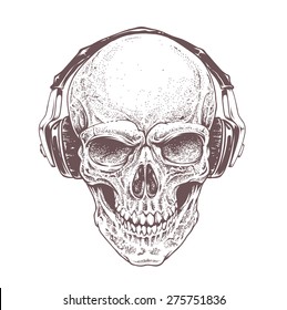 Dotwork styled skull with headphones. Vector art. 