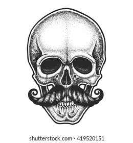 Dotwork styled skull with moustache. Hand drawn illustration. T-shirt design.