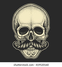 Dotwork styled skull with moustache. Hand drawn illustration. T-shirt design.