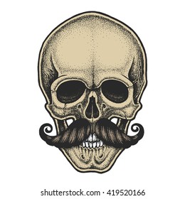 Dotwork styled skull with moustache. Hand drawn illustration. T-shirt design.