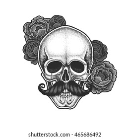 Dotwork styled skull with moustache and peonies . Hand drawn illustration. T-shirt design.