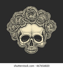 Dotwork styled skull with wreath of peonies . Hand drawn illustration. T-shirt design.