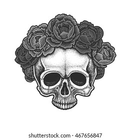 Dotwork styled skull with wreath of peonies . Hand drawn illustration. T-shirt design.
