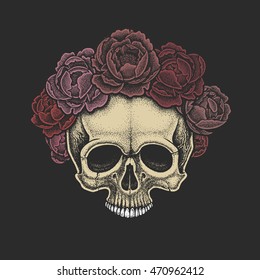 Dotwork styled skull with wreath of peonies . Hand drawn illustration. T-shirt design.