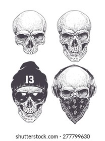 Dotwork styled skulls isolated on white. Vector art.