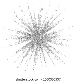 Dotwork Sunburst Background Vector. Flare With Rays. Black Dots. Dynamic Particles. Geometric Blast. Stippled Illustration