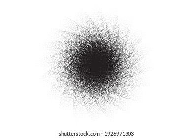 Dotwork swirl pattern vector background. Sand grain effect. Spiral noise stipple dots. Abstract noise dotwork pattern. Black dots grunge banner. Stipple swirl spin element. Dotted vector background.