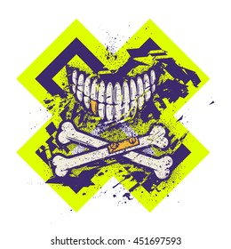 Dotwork tattoo styled skull smile with crossed broken bones and golden tooth. Vector art. Grunge graphic style with dust, dirt, splatters and splashes. Ready for digital print, T-shirt silkscreen.