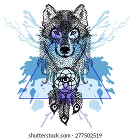 Dotwork tattoo stylized Wolf face with dreamcatcher  in triangle frame with watercolor ink drop. Hand Drawn doodle vector illustration. Sketch for tattoo. Boho collection. 