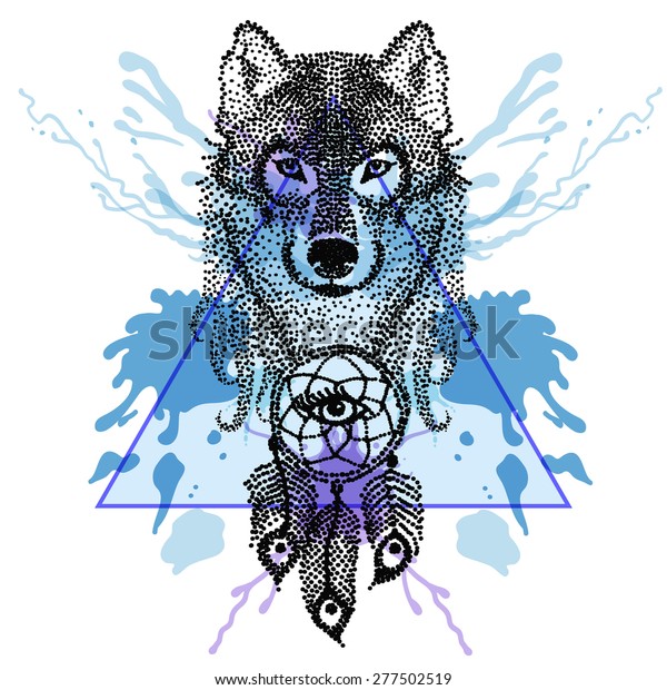 Dotwork Tattoo Stylized Wolf Face Dreamcatcher Stock Vector Royalty Free