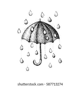 Dotwork Umbrella Rain. Vector Illustration of Parasol with Drops. Hipster Tattoo Hand Drawn Sketch.