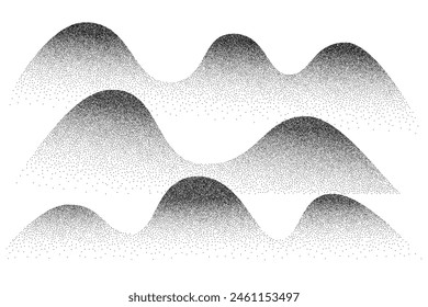 Dotwork wave grain pattern background. Abstract dot stipple lines. Vector illustration isolated on white background with sand texture, grainy effect, black noise dots.