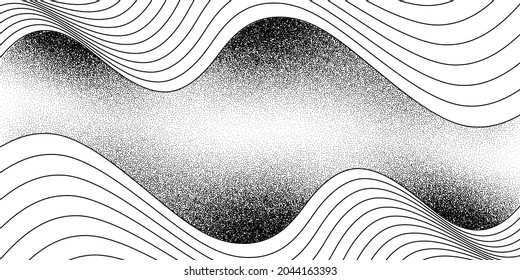Dotwork wave pattern vector background. Black noise lines with dots. Sand grain effect. Wave dots grunge banner. Abstract noise dotwork pattern. Gradient stipple. Stochastic dotted vector background.
