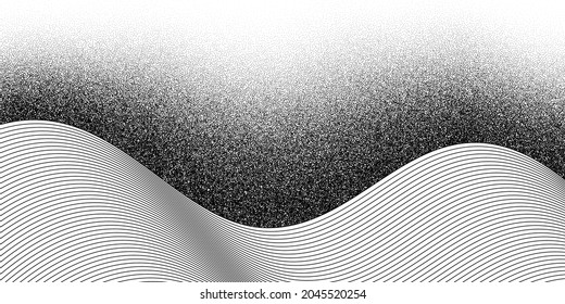 Dotwork wave pattern vector background. Black noise lines with dots. Sand grain effect. Wave dots grunge banner. Abstract noise dotwork pattern. Gradient dotted effect. Vector lines background.