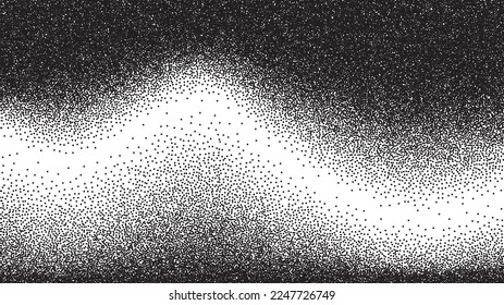 Dotwork wave pattern vector background. Black noise stipple dots. Sand grain effect. Wave dots grunge banner. Abstract noise dotwork pattern. Gradient stipple. Stochastic dotted vector background.